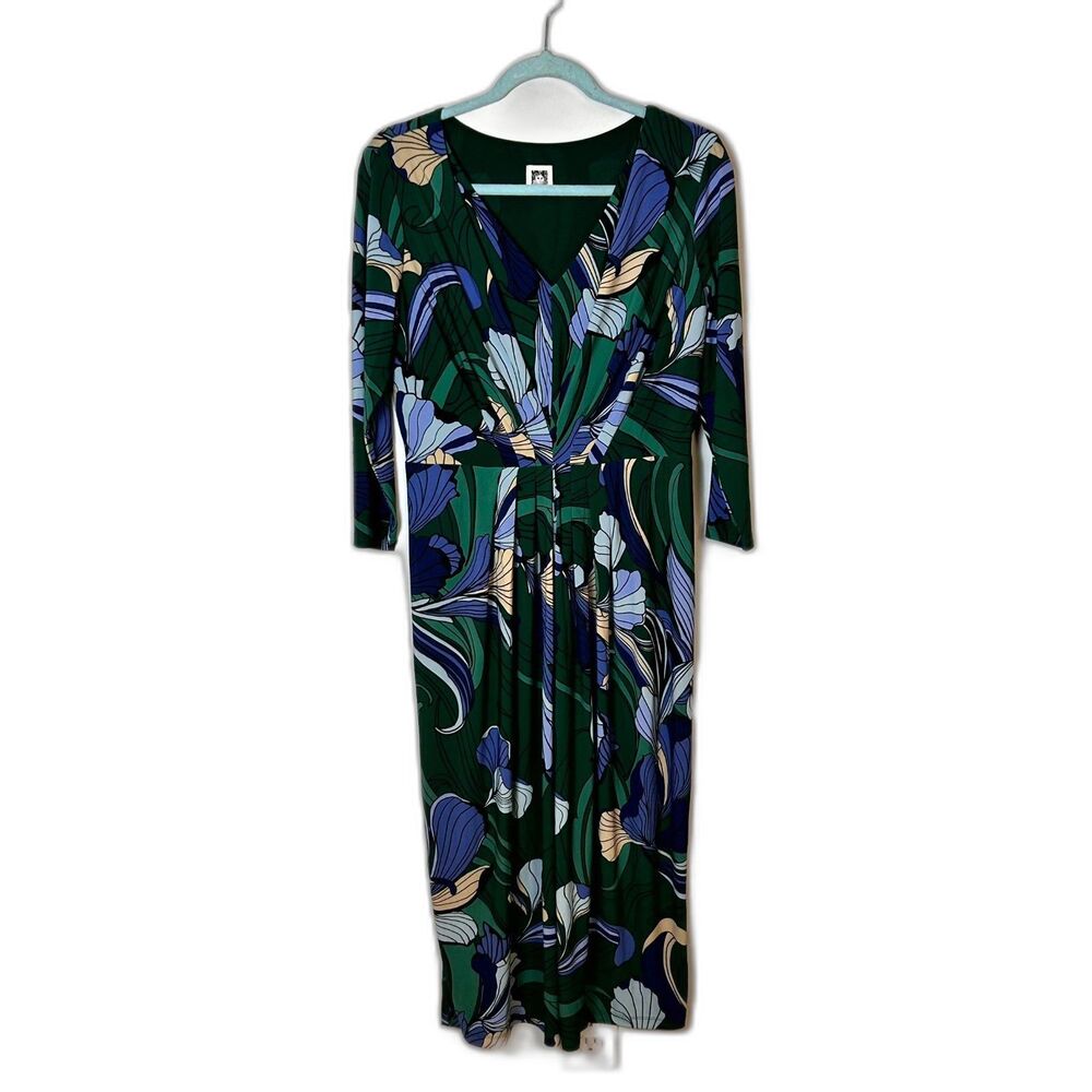 Anne Klein Maxi Dress Womens Medium Green Blue Floral Pleated Cottagecore Party